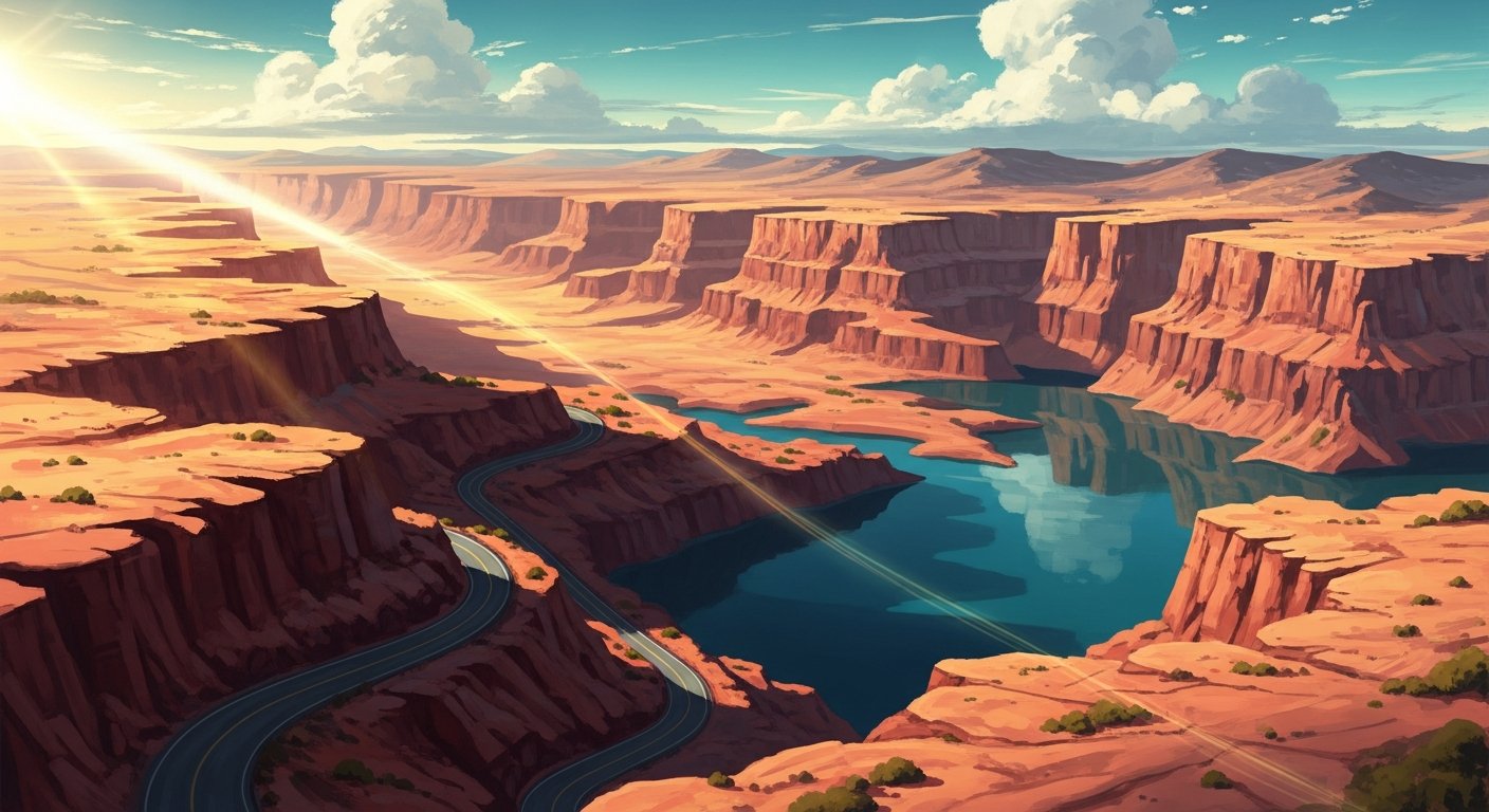 AdiTour — Shinkai-style cinematic landscape of a winding road through terracotta canyons and a teal lake at golden hour