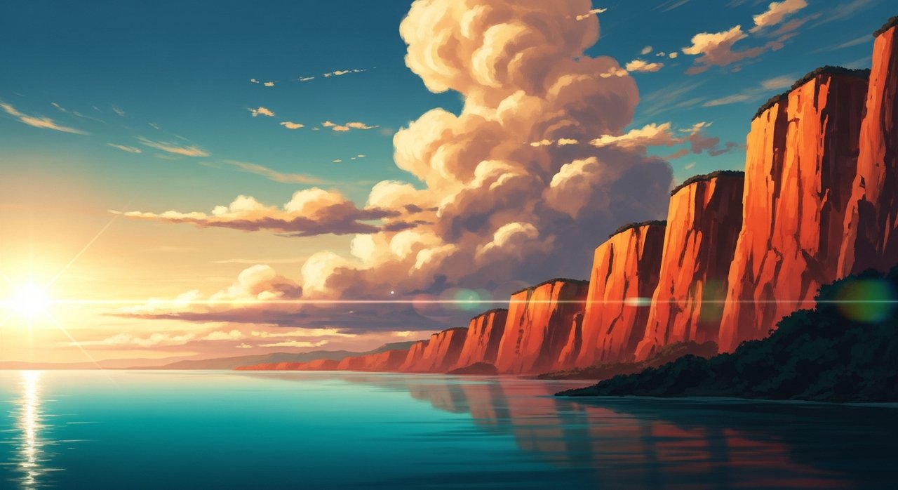 Arrival — teal coastal lake below dramatic cliffs at golden hour